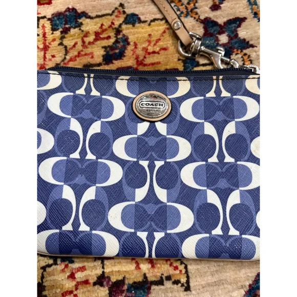 Coach Blue White Signature Op Art Wristlet Clutch Leather Trim - Picture 3 of 9